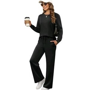 XIEERDUO Women's 2 Piece Lounge Set Outfit Wide Leg Black Comfy Lounge Large NEW